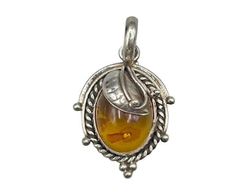 Genuine Amber Pendant Charm For Necklace Sterling Silver 925 Ornate Leaf Design