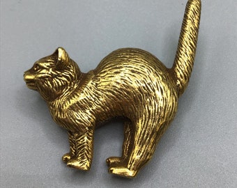 Vintage MMA Cat Brooch Textured Gold Tone Hard To Find Standing Cat Tail Up