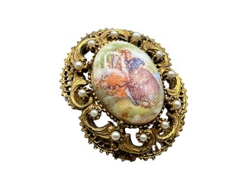 Vintage Unsigned Florenza Style Pin Brooch Romance Scene Portrait Cameo Transfer
