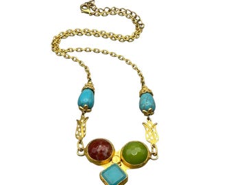 Etruscan Revival Necklace Semi Precious Stones Matte Gold Tone Green Red Turquoise Color
