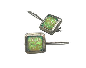 Sterling Silver Green Opals Earrings Pierced Drops Dangles 925 Silver