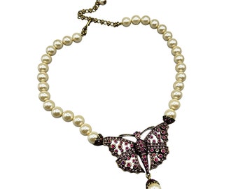 Heidi Daus Butterfly Necklace Pearls Strand Hot Pink Crystals Designer Jewelry