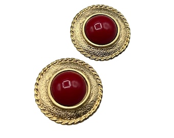 Vintage Clip On Earrings Red Cabochons Gold Tone Settings Round Classic Design