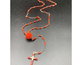 Red Coral Rosary Necklace Sterling Silver Genuine Coral Branch Beads Handcrafted