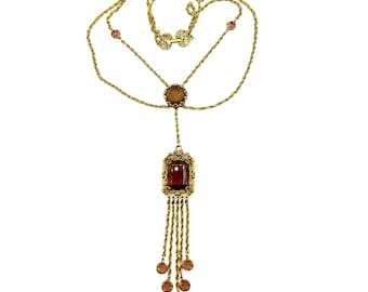 Unsigned GOLDETTE Necklace Intaglio Glass Cameo With Gold Tone Chain Tassel