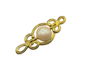 Vintage 80s 90s Classic Gold Tone and Pearl Cabochon Bar Pin Ornate Swirls