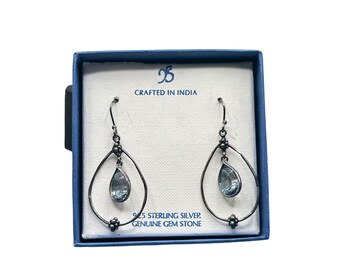 Vintage Sterling Dangles Earrings Genuine Semi Precious Gemstones Blue Drops