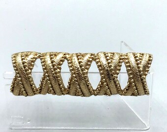 Vintage YOHAI Signed Brooch Antiqued Gold Tone Statement Bar Pin X Crosses Pin