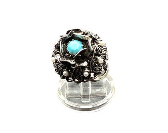 Vintage Adjustable Size Simulated Turquoise and Pearls Ring Silver Tone