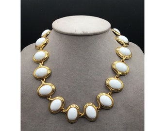 80s 90s Choker Necklace White Cabochons and Gold Tone Link Retro Fun Necklace