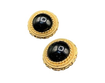 Classic Clip On Earrings Black and Matte Gold-Tone Round Domed 80s Earrings