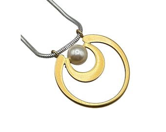 MARJORIE BAER Double Crescents Moon Necklace With Cream Faux Pearl Matte Gold Tone