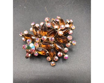 Vintage Rhinestones Brooch AB Aurora Borealis Topaz Glass Layered Design Pin