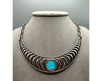 Italian Turquoise Cameo Necklace Sterling Silver 925 18K Gold 750 Wide Choker