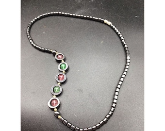 Y2K Hematite Necklace with Black Green & Pink Colored Beads Funky Fun Jewelry
