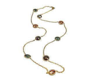 Sterling Silver Colorful CZ Station Necklace Open Back Bezel Gold Overlay Silver 925 Chain Necklace