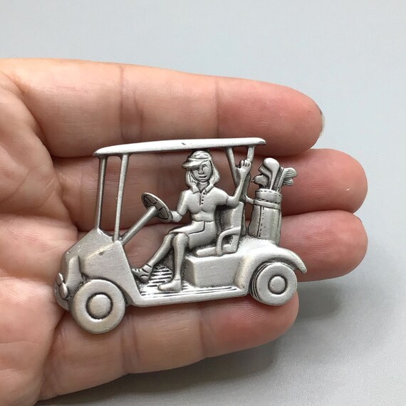 JJ Golf Cart Brooch Pewter Metal Lady Golfer Pin … - image 4