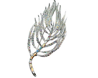 Vintage Rhinestones Feather Pin Brooch Silver Tone Aurora Borealis Oversized Pin