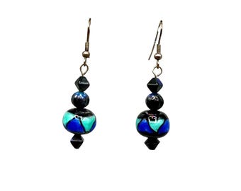 Vintage Ceramic Beaded Earrings Pierced Dangles Blue Black Handcrafted Drops