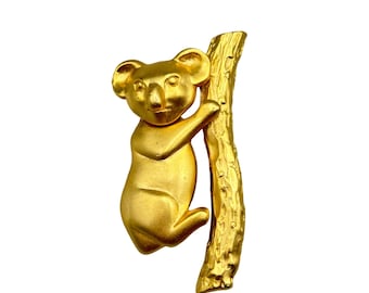 Vintage Signed M. Jent Articulated Cute Koala Brooch Matte Gold Tone