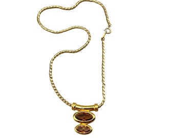 Vintage Swarovski Crystal Necklace 80s Gold Tone Chain & Topaz Glass Pendant