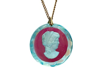 Vintage Intaglio Cameo Necklace Reverse Cut Glass Blue Aurora Borealis Pink Hues