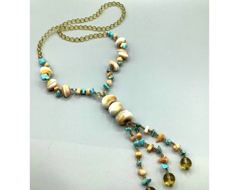 Operculum Shell Beaded Necklace Seashells & Turquoise Beads Handcrafted Necklace