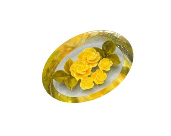 Vintage Reverse Carved Lucite Brooch Pin Yellow & Green Flowers Roses