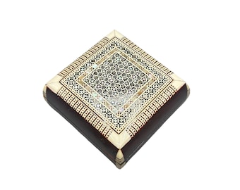 Square Vtg Egyptian Mother of Pearl Marquetry Inlay Wood Trinket Jewelry Box