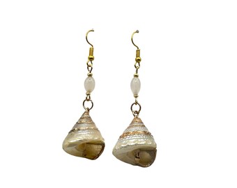 Vintage Seashell Dangling Earrings with Gold Tone Accents & Beads Long Dangles