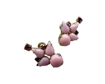 Vintage Pink Glass Screw Back Earrings Rhinestones Older 1950s Costume Jewelry