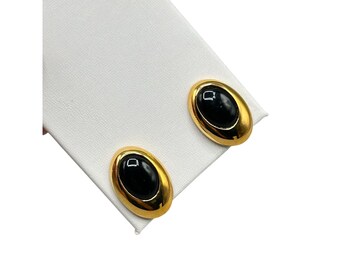 Vintage Gold Tone & Black Oval Cabochons Clip On Earrings