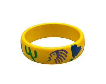 Vintage Yellow Plastic Bangle Bracelet with Colorful Southwest Designs