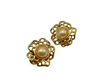 Vintage Clip On Earrings Openwork Flowers Faux Pearls Cabochons Gold Tone Clips
