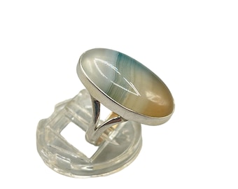 Sterling Silver 925 Agate Statement Ring Size 6 Oval Stone Gradient Ombre Ring