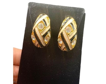 Fabulous Clip On Earrings Enamel and Rhinestones Dome Semi Hoop Chunky Gold Tone