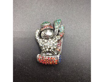 Vintage Snowman on Sled Brooch Christmas Season Holiday Pin Rhinestones Jewelry