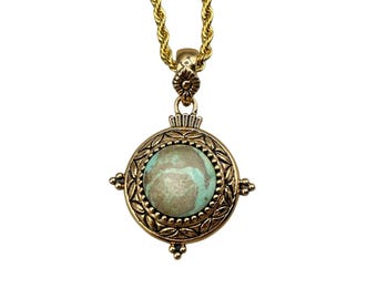 Green Turquoise Necklace  Antiqued Gold Tone Setting Genuine Stone Pendant