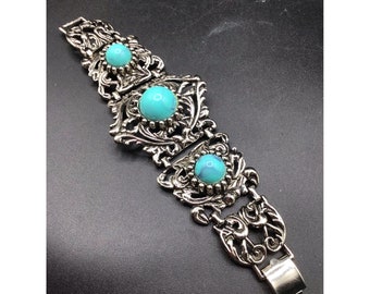 Selro Style Wide Chunky Bracelet Silver Tone & Faux Turquoise Ornate 5 Panels