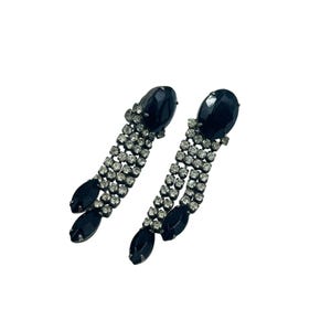 Vintage Rhinestone Clip On Dangle Earrings Black & Clear Oval Tassel Earrings
