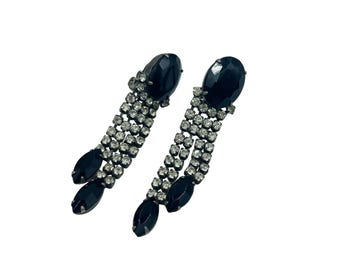 Vintage Rhinestone Clip On Dangle Earrings Black & Clear Oval Tassel Earrings