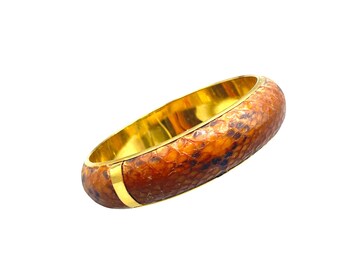 Vintage Snakeskin Bangle Bracelet Wide Gold Tone Inner Metal
