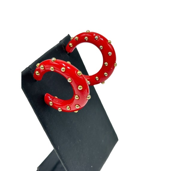 Signed KJL Red Hoops Earrings Studded Gold Dots P… - image 1