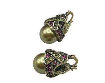 HEIDI DAUS Green Color Ball Earrings With Crystals Art Deco Inspired Pierced Hoops