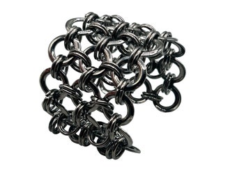 Chain Maille Cuff Bracelet Intersecting Rings Gunmetal Color Wide Statement Cuff
