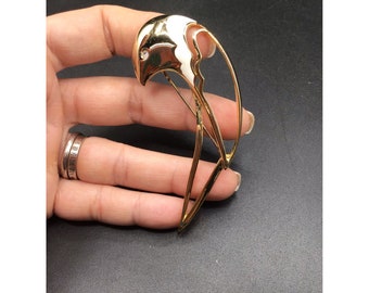 Stylized Bird Brooch Large Openwork Enamel & Gold Tone Modernist Style Bird Pin