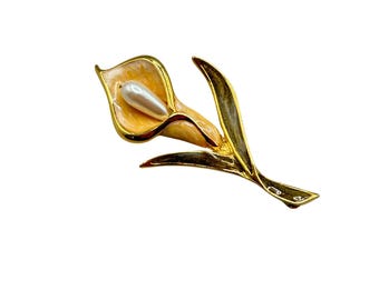 Calla Flower Pin Brooch Gold Tone And Enamel Cream Custard Color Enamel