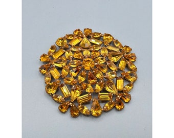 Topaz Color Rhinestone Brooch Large Statement Pin Slightly Domed Vintage Jewelry