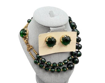 Vintage Green Faceted Beads Necklace Clip On Matching Earrings Acrylic Disco Beads