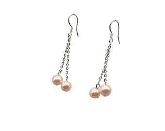 Faux Pearls Earrings Long Dangles With Silver Tone Chains And Round Pearls